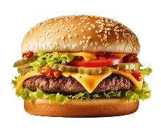 Na zdjęciu widnieje duży, apetyczny burger na czarnym tle. Jest on przedstawiony z profilu, ukazując warstwową budowę. U podstawy znajduje się dolna część miękkiej bułki o gładkiej powierzchni, lekko spłaszczona. Nad nią leży warstwa zielonych liści sałaty o wyraźnie widocznych włóknach