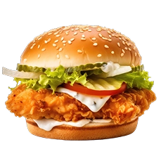 Na zdjęciu widnieje duży burger, uchwycony w modnej stylistyce fotograficznej, z jasną, kontrastową kolorystyką na czarnym tle. Sceneria sprawia wrażenie studyjnej lub artystycznej, mającej na celu podkreślenie apetycznego wyglądu potrawy