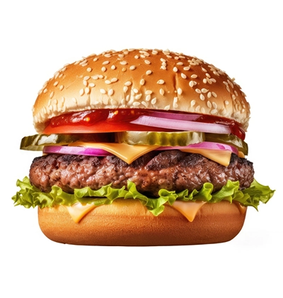 Na zdjęciu widnieje duży, soczysty burger na białym tle. Kompozycję można sobie wyobrazić jako stylowe zdjęcie reklamowe lub kadr do menu, z jasnym i atrakcyjnym oświetleniem, podkreślającym apetyczny wygląd potrawy. Paleta barw jest nasycona i apetyczna, dominują ciepłe odcienie brązu, zieleni i czerwieni.