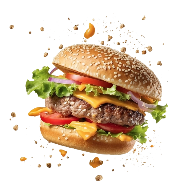 Na tym zdjęciu widać duży, apetyczny zestaw hamburgerowy na czarnym tle. Jest to otwarta kanapka, w której widać soczysty kotlet wołowy otoczony świeżymi liśćmi sałaty, plasterkami soczystych pomidorów, cienkimi krążkami czerwonej cebuli oraz roztopionym serem topionym.
